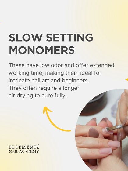Slow-setting monomers are ideal for beginners and intricate nail art. They have low odor and offer extended working time, though they require a longer period to air dry.