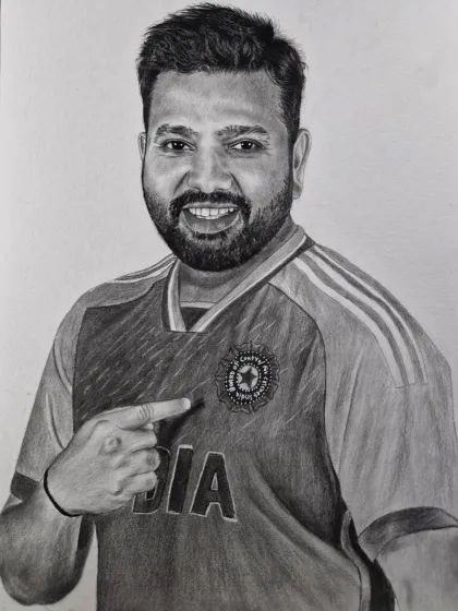 A portrait of Indian cricket champion Rohit Sharma, pointing to the team logo with pride. A perfect piece for any cricket fan.