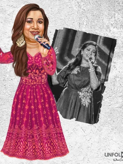A caricature of singer Shreya Ghoshal, comparing the artwork to a live performance photo.