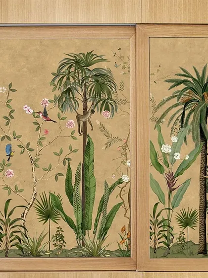 I believe art should not be confined to walls. For this project, I transformed simple wardrobe panels into a stunning tropical narrative, featuring hand-painted monkeys and exotic flora that bring a sense of playful elegance to the room.