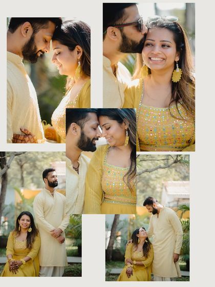 A beautiful collage of the couple's portraits from their Haldi day, capturing their love and happiness in the warm sunlight.