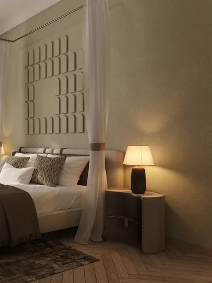 Another view of the bedside, highlighting the soft textures and the unique, three-dimensional art panel on the wall.