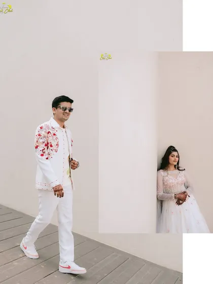 A creative composition that feels like a page from a magazine, capturing the couple's stylish presence.