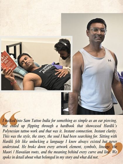 This client's journey started with an inquiry for an ear piercing and ended with a full Polynesian sleeve. It's a testament to the connection our clients feel with our artists and their work.