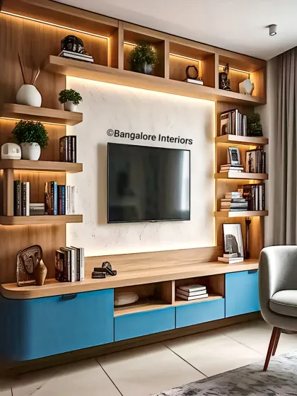 This full-wall entertainment unit combines a TV mount with extensive open shelving for books and decor. I used a mix of natural wood tones and a pop of blue for the handle-less lower cabinets, with LED strip lighting to highlight the display sections.
