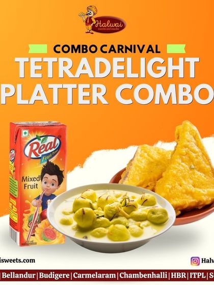 My Tetradelight Platter Combo is part of our Combo Carnival, featuring Angoori Rasmalai and Paneer Dhokla Sandwich with a juice box.