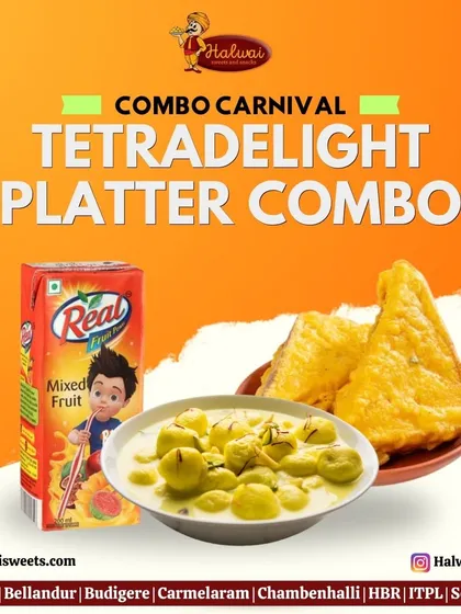 My Tetradelight Platter Combo is part of our Combo Carnival, featuring Angoori Rasmalai and Paneer Dhokla Sandwich with a juice box.