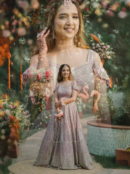 A fairytale-like double-exposure portrait of the bride, Mehak. Her image is blended with the lush garden setting of her Mehendi, creating a whimsical and romantic photo.