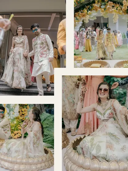 A collage showing the story of the Haldi event, from the couple's grand entrance to the fun-filled rituals. It highlights the coordinated outfits, the beautiful decor, and the happy atmosphere.