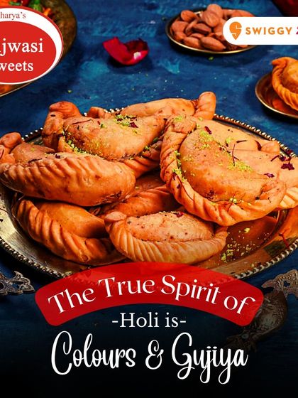 The true spirit of Holi is colors and Gujiya. My Gujiyas are filled with a sweet mixture of khoya and nuts, and fried to golden perfection.