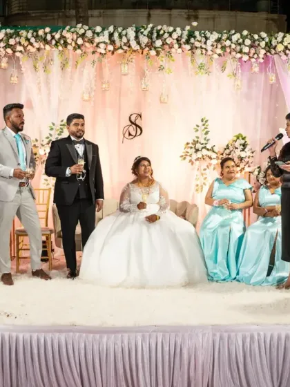The wedding party on stage during the speeches. This photo captures a formal part of the reception, showing the couple with their bridesmaids and groomsmen.