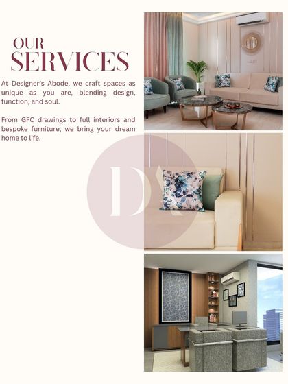A graphic outlining our services, from GFC drawings and full turnkey interiors to bespoke furniture. We craft spaces as unique as you are, blending design, function, and soul.