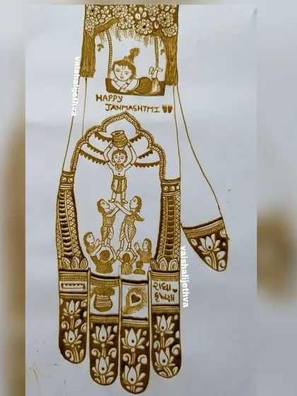 The completed Janmashtami design, a perfect example of how to create a narrative within a full-hand mehndi layout.