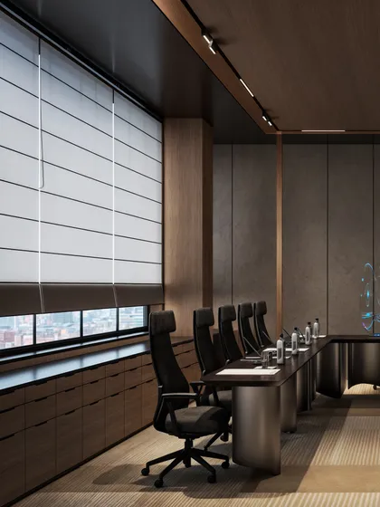 A futuristic conference room with a holographic display on the table, showcasing my ability to visualize conceptual and high-tech designs.