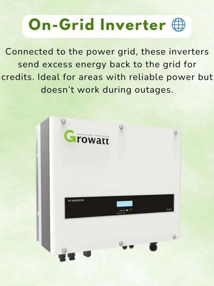 An on-grid inverter, like this Growatt model, is connected to the power grid. It's ideal for areas with reliable power as it sends excess energy back to the grid for credits.