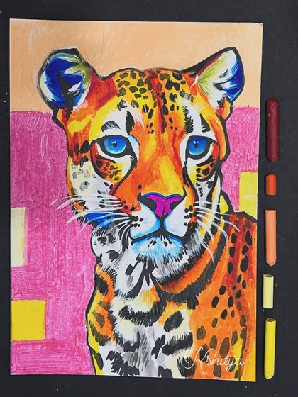 A vibrant leopard drawn with oil pastels by an online student. Our classes cover how to use different mediums to create bold and colorful art.