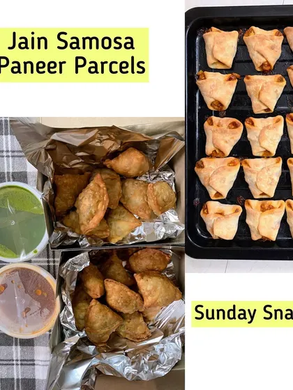 Another view of the Jain Samosa and Paneer Parcel combo.