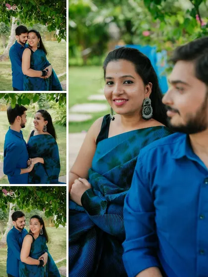A collage of candid and romantic moments under the trees. It captures the couple's loving glances and happy interactions, telling a story of their connection.
