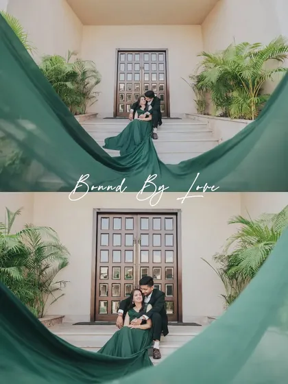 A creative shot using the bride's flowing green gown to frame the couple, with a "Bound By Love" text overlay.