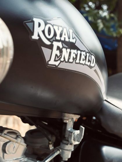 The Royal Enfield tank badge, gleaming after our complete restoration of this 2003 Thunderbird 350.