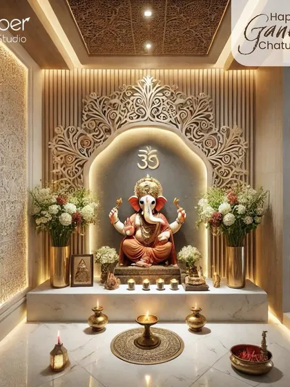 A beautifully crafted pooja room we designed, featuring intricate CNC work, an illuminated 'Om,' and a serene Ganesha statue. A perfect space for peace and reflection.
