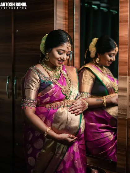 Capturing the beauty of tradition is one of our passions. This portrait from a baby shower highlights the intricate details of the silk saree and jewelry, as the mother-to-be has a quiet moment of reflection.
