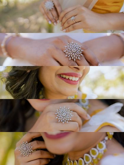 A collage of close-up shots from a Haldi ceremony, focusing on the bride's beautiful floral jewelry and happy expressions.