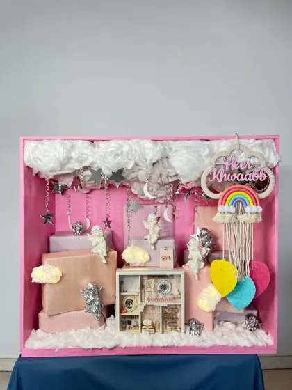 A dreamy, celestial-themed creation for a little angel named Heer Khwaabb. This beautiful pink shadow box is filled with soft clouds, twinkling stars, and a personalized keepsake frame to capture precious memories.