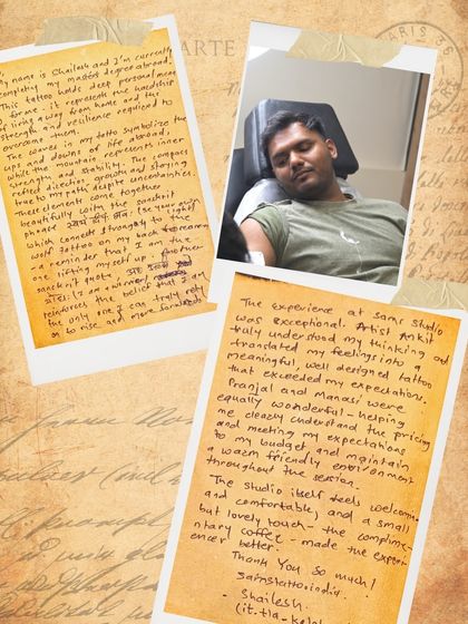 A collage of Shailesh's journey, including his handwritten note explaining the deep personal meaning behind his tattoo representing his master's degree journey abroad.