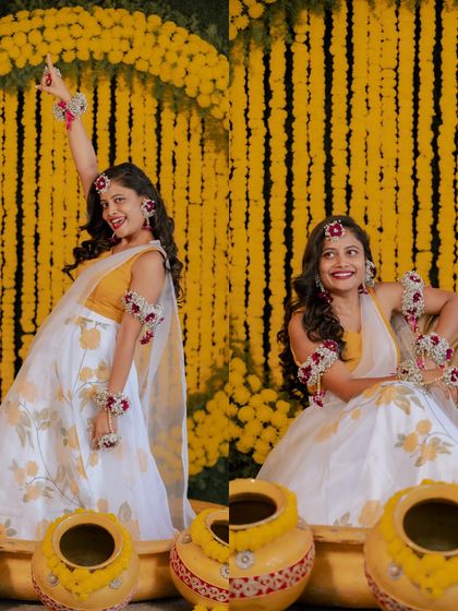 A collage of a bride's playful and happy portraits from her Haldi ceremony, set against a vibrant yellow backdrop.