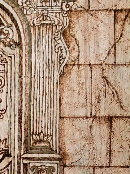 Another detail from the pyrography artwork, showing the right side of the doorway. The cracks in the stone and the delicate carvings create a sense of age and history.