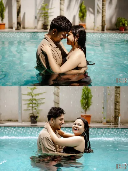 A collage of fun and romantic moments in the pool. This pre-wedding shoot captures the couple's playful chemistry and love for each other.