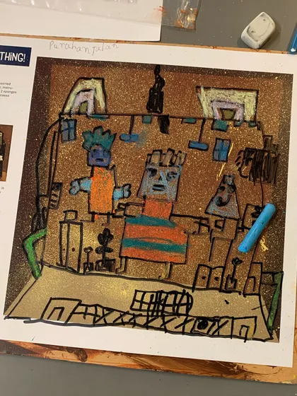A child's imaginative interpretation of cubism, using oil pastels on a glittery background.
