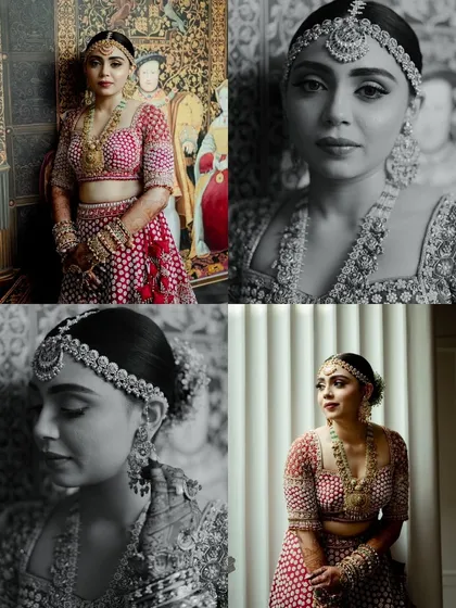 A collage of bridal portraits showcasing the bride's stunning look. The mix of color and black and white, along with close-ups and full-length shots, provides a complete view of her wedding day attire.