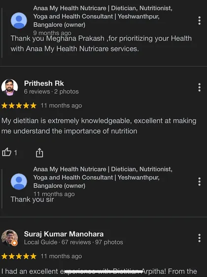 The trust of my clients is my biggest achievement. This collage of 5 star Google reviews highlights the positive experiences people have had, noting my knowledgeable approach and the effectiveness of my nutrition plans in helping them understand and improve their health.