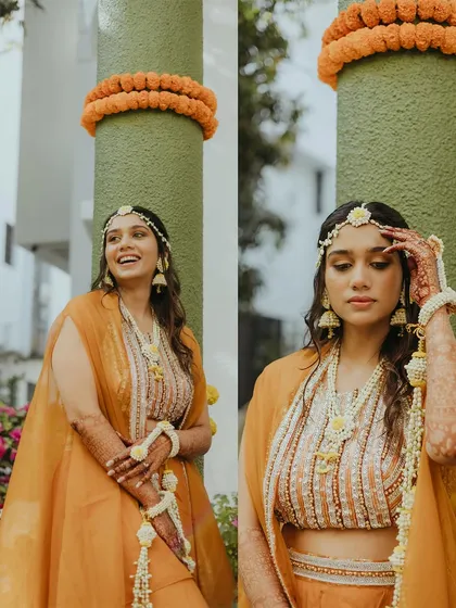 A diptych of the bride, showing her happy, candid expression and a more posed, elegant portrait in her Haldi outfit.