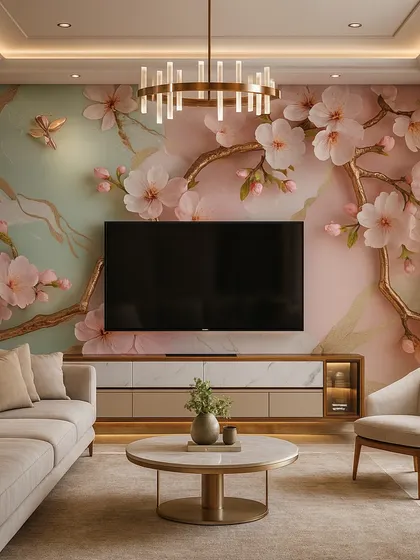 We designed this TV unit wall with a stunning 5D cherry blossom mural. The branches elegantly frame the screen, turning the entertainment area into a beautiful focal point of the room.