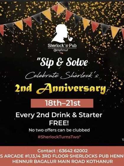 The official poster for our 2nd-anniversary celebration, "Sip & Solve," with a great offer on drinks and starters.