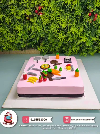 A fun cake for a chef or foodie, covered in tiny edible kitchen tools and vegetables. This rectangular cake is a creative tribute to a love for cooking.