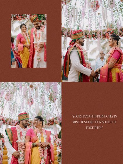 A collage of beautiful wedding moments. "Your hand fits perfectly in mine, just like our souls fit together."