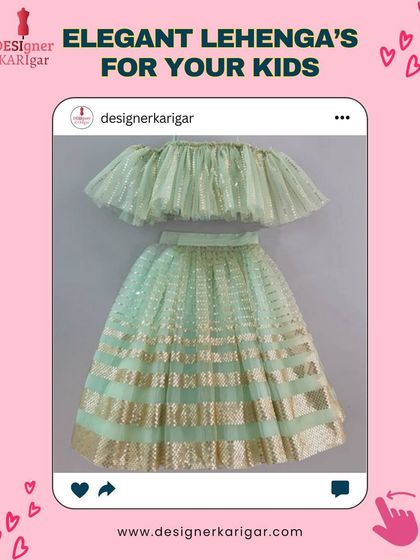 A mint green and gold lehenga for kids. The off-shoulder ruffled top and shimmery skirt are perfect for a little fashionista.