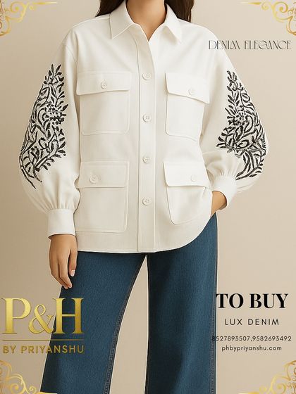 A close-up of the white denim utility shirt, showing the intricate black floral embroidery on the sleeves and the functional pocket details.