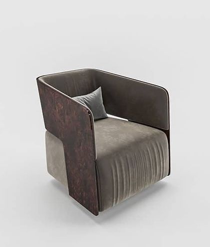 The Levi Armchair's modern design is showcased here, with its rotating base and the seamless integration of wood and upholstery.