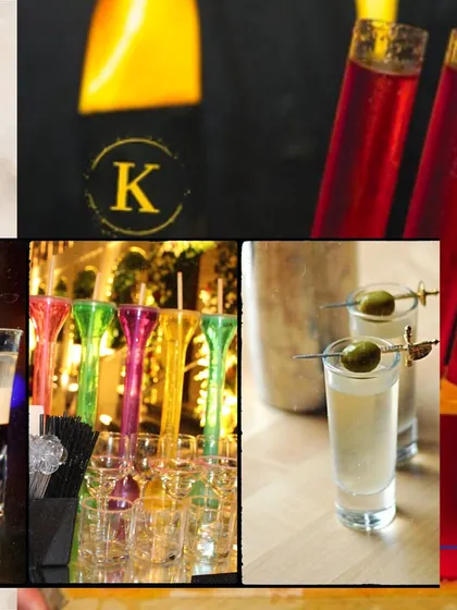 A collage showcasing our wide variety of creative and colorful shots, from layered B-52s to simple, clean vodka shots with an olive.