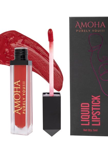 The red-orange 'Amoha' lipstick with its box and a color swatch.