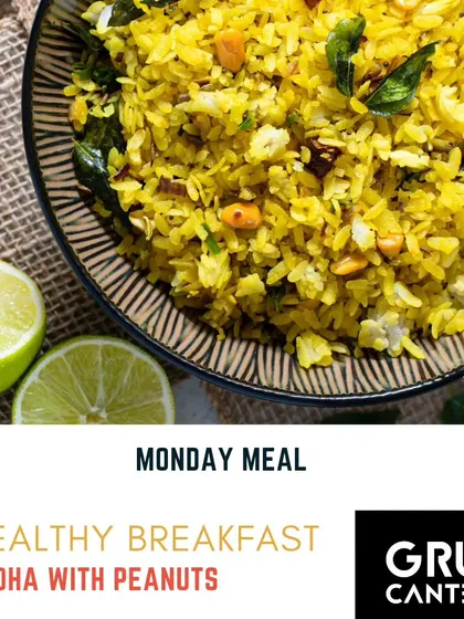 For a light and healthy breakfast, I offer Poha made with flattened rice, tempered with mustard seeds, curry leaves, and turmeric, and garnished with peanuts. It's a great way to start your workday.
