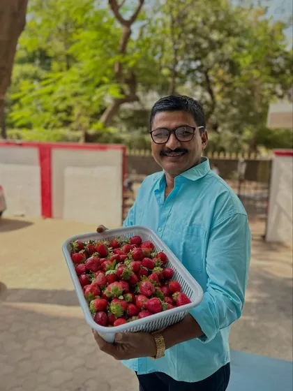 This is Santosh, my trusted strawberry vendor since 2013. He brings us the freshest, most delicious strawberries straight from the farmers in Mahabaleshwar, and we don't start our strawberry menu until he gives us the green light.