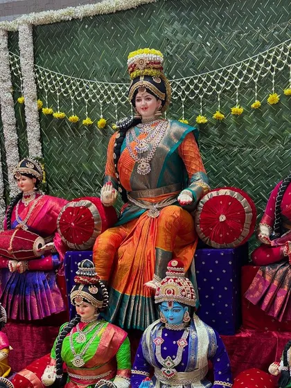 A close-up of the main deity dolls from the Golu display.