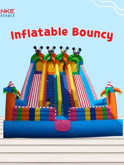 This graphic shows a 4-lane inflatable slide design. It's tall and steep for an exciting ride, but with high side walls for safety.