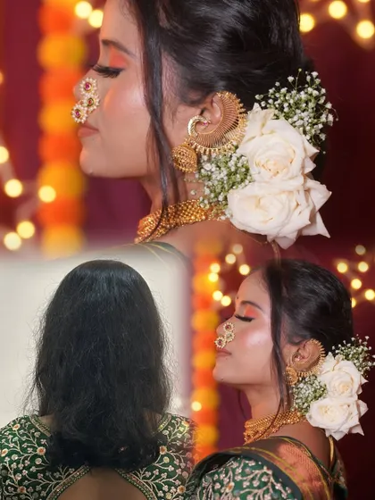 A before-and-after of a bridal hairstyle for short hair. We used extensions to create a beautiful, voluminous floral bun.